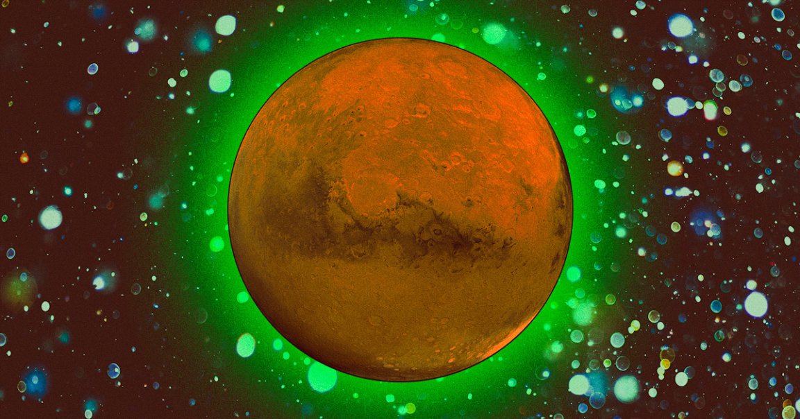 During a recent probe, the European Space Agency's ExoMars probe spotted the Red Planet glowing green at night.