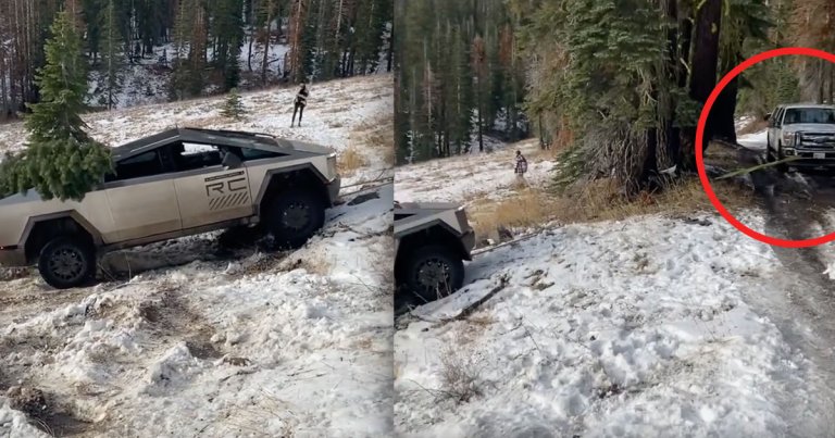 In a video making its rounds on Reddit, a Cybertruck with a Christmas tree loaded in its bed can be seen struggling to climb a snowy hill.