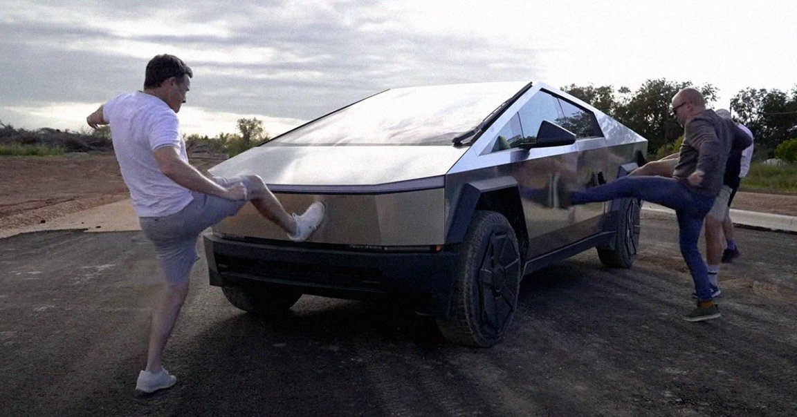 YouTuber and automotive journalist Mat Watson and his buddies tried to damage Tesla's Cybertruck by kicking it. They didn't come far.