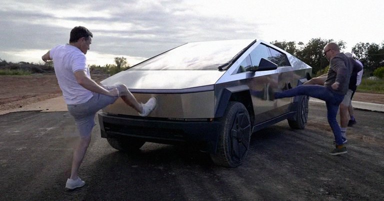 YouTuber and automotive journalist Mat Watson and his buddies tried to damage Tesla's Cybertruck by kicking it. They didn't come far.