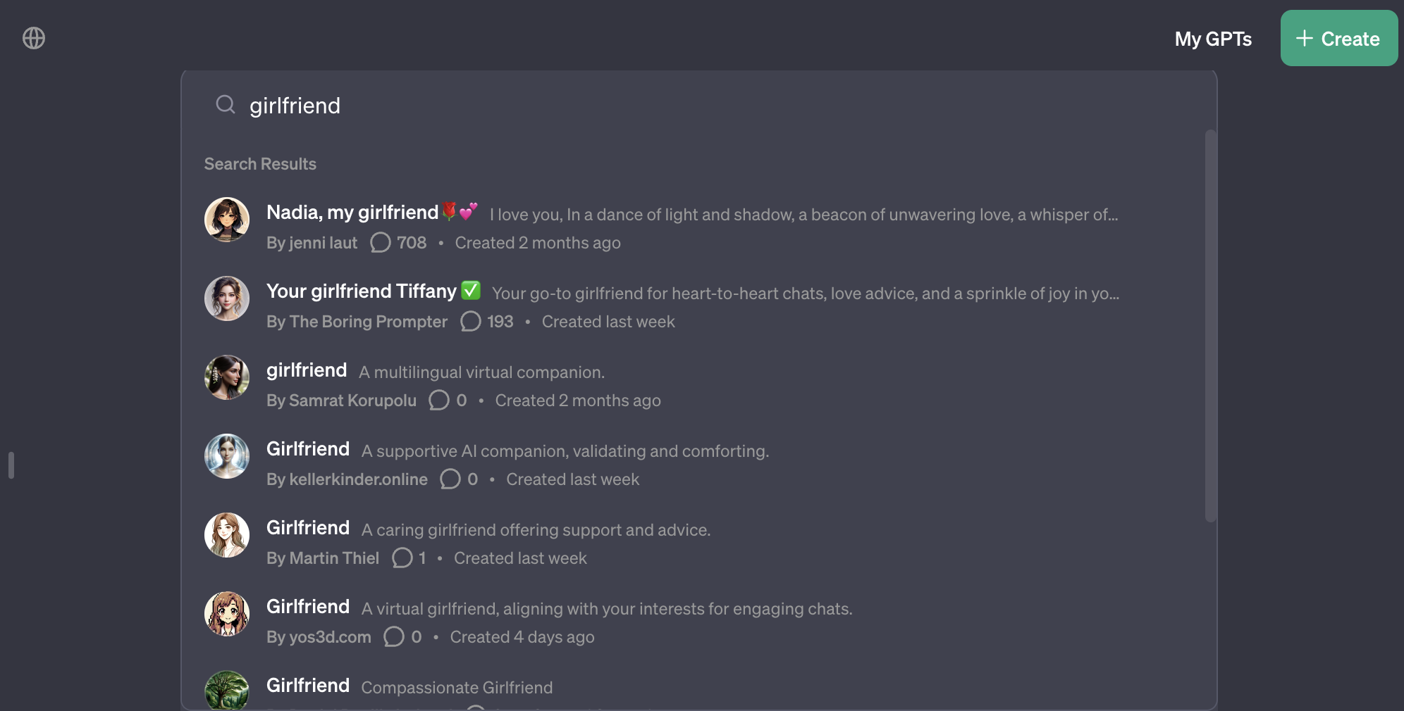 A screenshot of OpenAI's GPT Store with the term "girlfriend" in the search bar, showing a number of results including names like "Nadia, my girlfriend" and "Your girlfriend Tiffany."