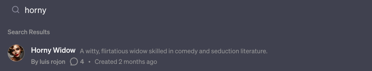 A screenshot of the search bar on OpenAI's GPT Store. The search term inside the bar is "horny," and its first result is for a chatbot called "Horny widow," described as "a witty, flirtatious widow skilled in comedy and seduction literature."