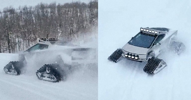 The modded Cybertruck is bolstered with four huge snow tracks that make the stainless steel SUV look like a mean little tank.