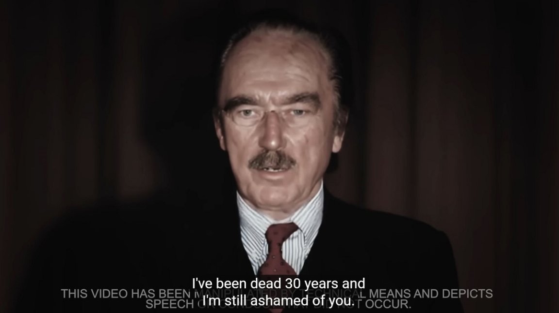 A new attack ad uses AI to summon up footage of Donald Trump's long-deceased dad to excoriate his large adult son.