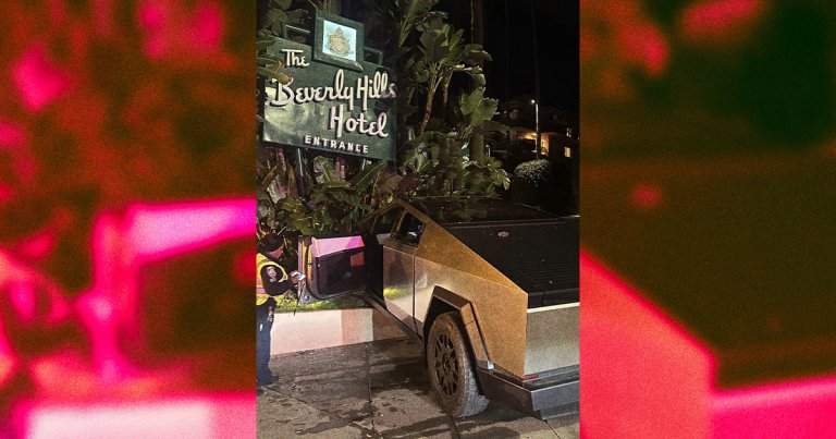 Another day, another Cybertruck mishap — and this one crashed into the Beverly Hills Hotel sign and lost at least one wheel.