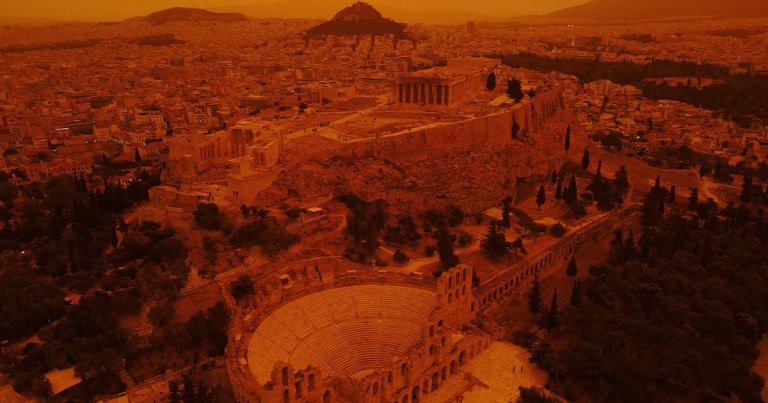 Athens' blue skies and famous landmarks like the Acropolis were bathed in an ominous red, yellow and orange glow, all due to a dust storm.