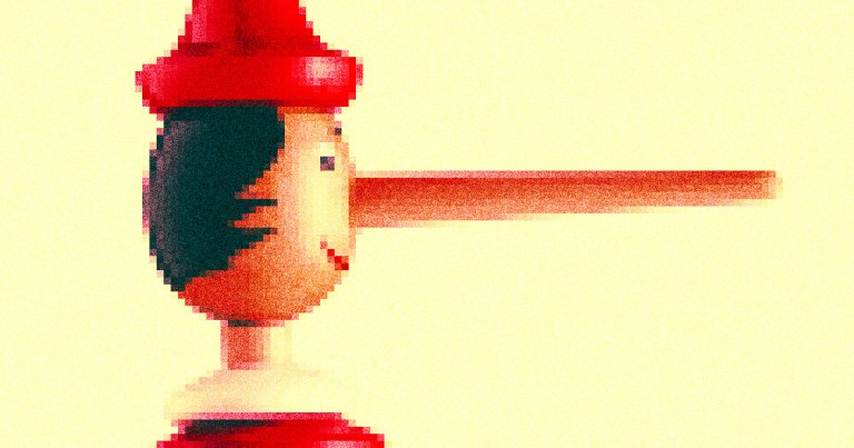 A pixelated Pinnochio with a very long nose to symbolize lies. Image via Getty/Futurism.