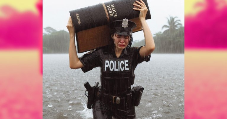 Facebook's erosion continues with AI-generated images of cops lugging huge Bibles through floodwaters, because why not.