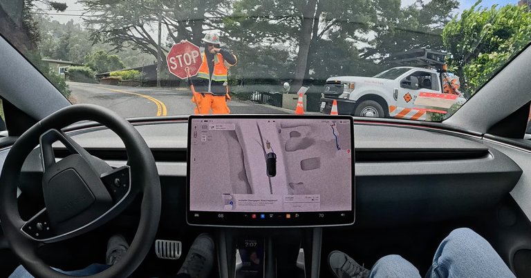 A person driving a Tesla with Full-Self Driving mode had to take the steering wheel after the vehicle became confused by a road worker.