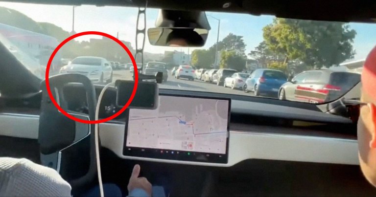 A video shows an overly confident driver attempting to show off his Tesla's "Full Self-Driving" (FSD) capabilities, only to almost crash.