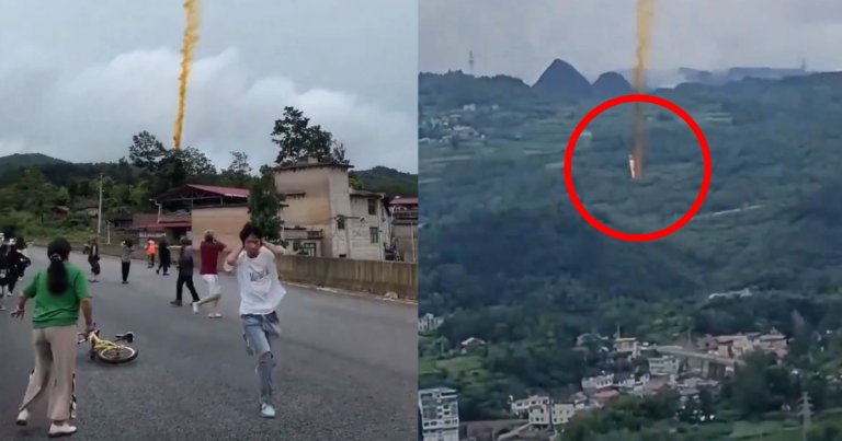 Images and a terrifying video circulating on social media show Chinese rocket parts crashing down over a village in southwest China.