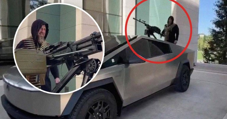 Chechen warlord Ramzan Kadyrov has posted a video of himself driving a Cybertruck that has a machine gun mounted to its truck be.