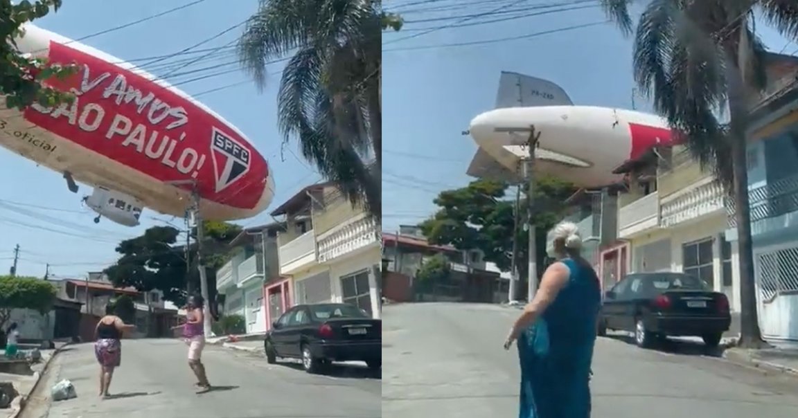 A white blimp crash landed into a residential neighborhood in São Paulo, Brazil on Wednesday around noon, surprising pedestrians.