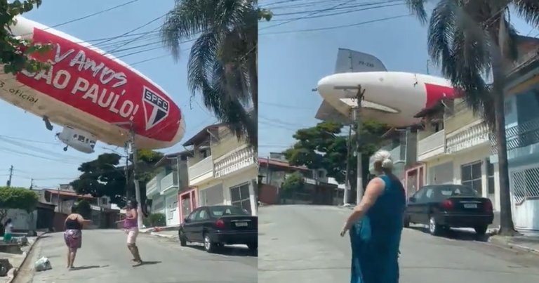 A white blimp crash landed into a residential neighborhood in São Paulo, Brazil on Wednesday around noon, surprising pedestrians.
