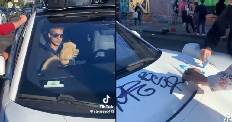 A viral video shows several people menacingly cornering a stopped Waymo robotaxi in San Francisco and tagging it with graffiti.