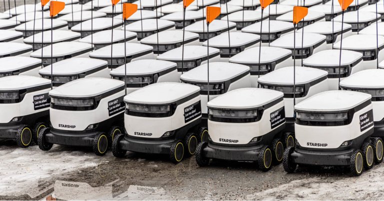 A Starship delivery robot, which are used on campuses across the US, suddenly changed direction and struck a woman crossing the sidewalk.