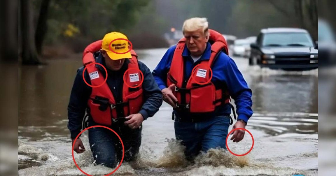 No, Donald Trump didn't wade through Hurricane Helene-caused flooding in blue jeans. That "photo" you saw was AI.