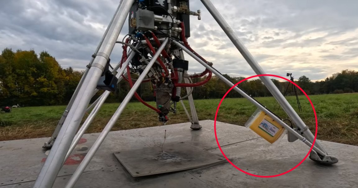 During an important rocket test, some students decided to strap some cheese onto one of the craft's landing legs.