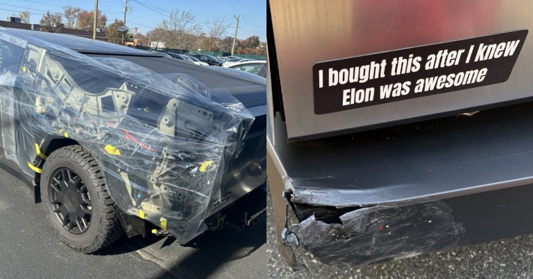 A Cybertruck owner waited two weeks for Tesla to patch up his car's bumper, and the sticker he plastered on it makes the bad situation worse.
