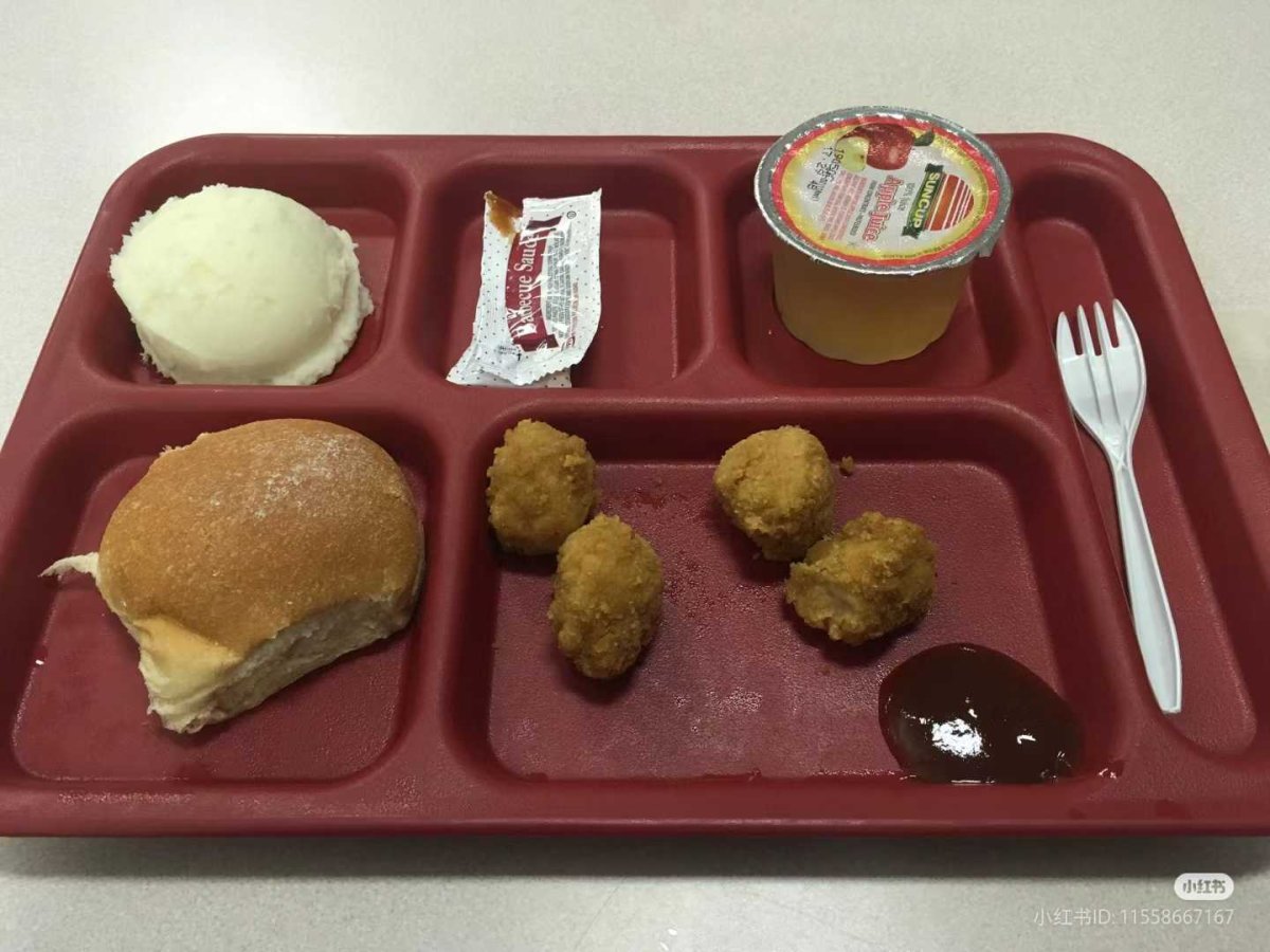 Bland-looking American school lunch with processed nuggets, bread, plain mashed potato mound, and apple sauce.