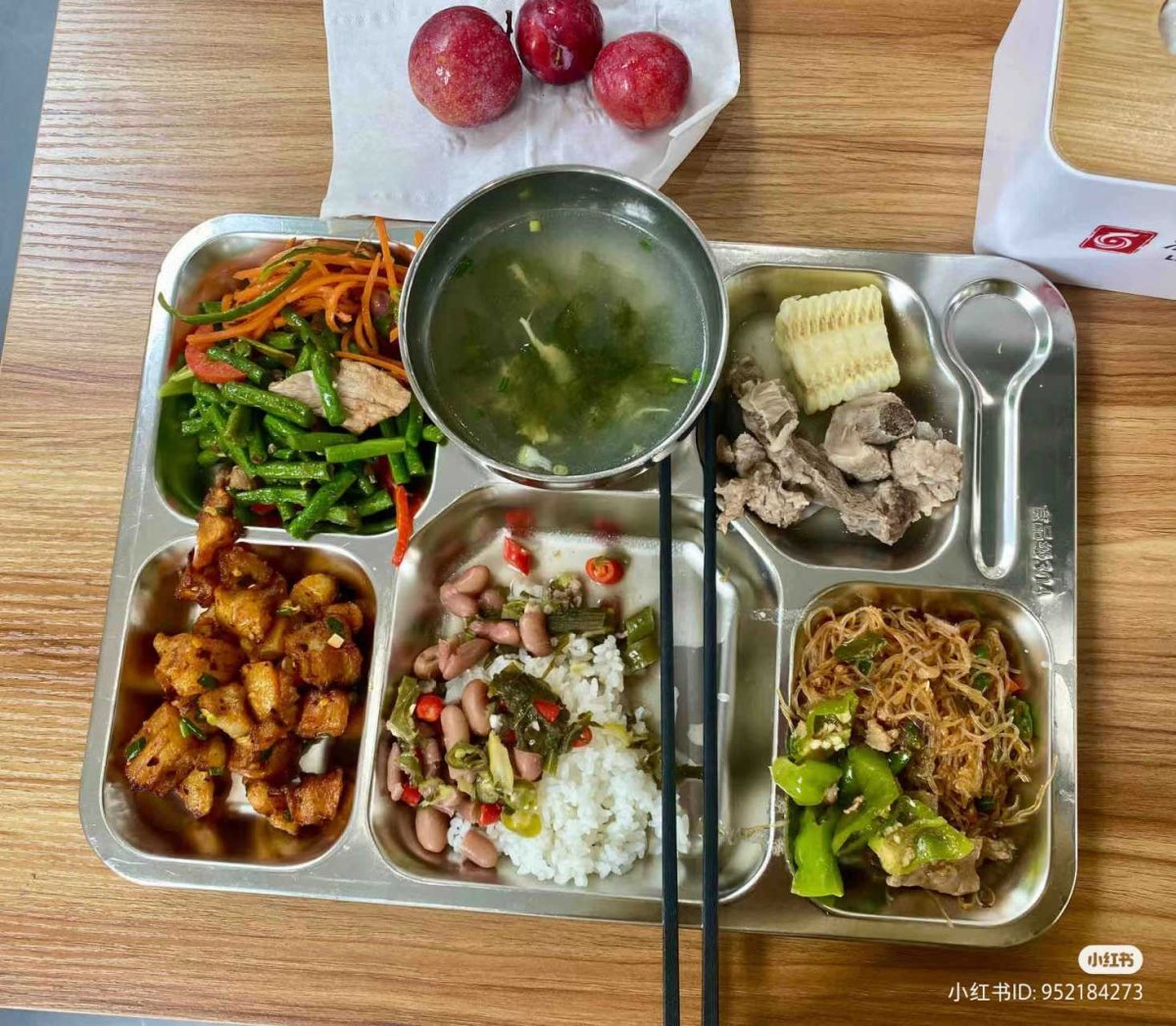 A colorful Chinese school lunch including beans, rice, noodles, carrots, fried chicken, and apples.