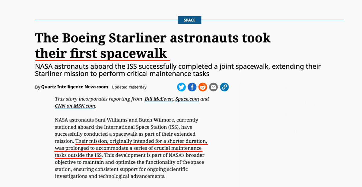 A screenshot showing numerous errors in a Quartz article that was generated using AI.