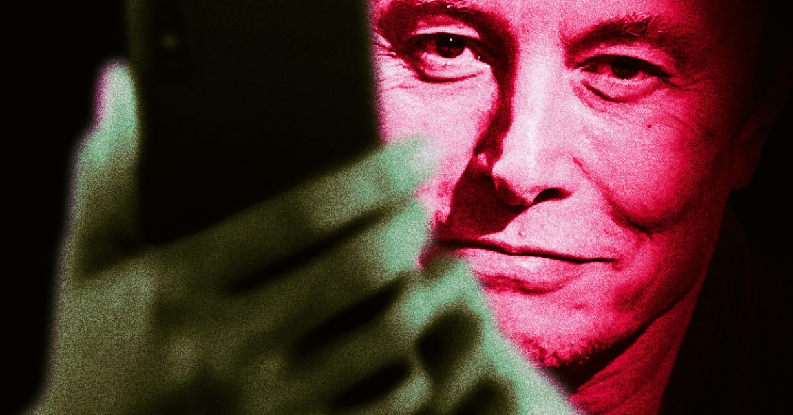 Elon Musk stares down ominously at his phone in a dark room.