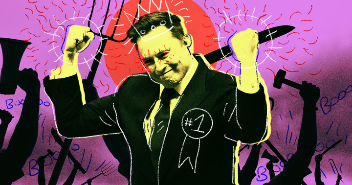 Elon Musk enjoys his success with two clenched fists, and an illustrated but clearly-fake 1st place ribbon.