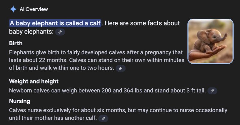 Google's AI-generated search summary for the query "baby elephant" includes an AI-generated photo of a clearly fake, teacup-sized elephant.