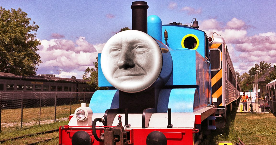 A photo of Thomas the Tank Engine with Trump's face imposed where the train's face would normally be.