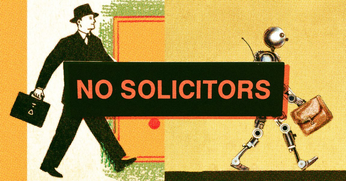No Solicitors: Two salesmen, one a human and the other a robot, walk merrily in parallel with each other.