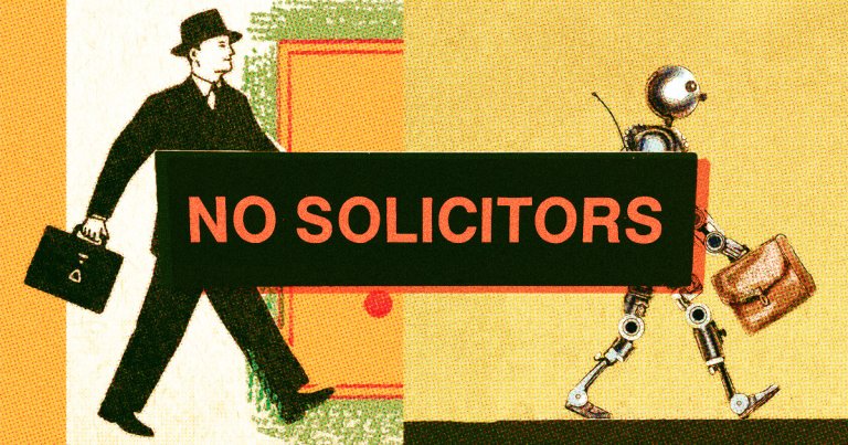 No Solicitors: Two salesmen, one a human and the other a robot, walk merrily in parallel with each other.