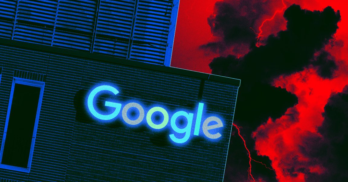 Google's office with dark red, scary clouds looming behind.