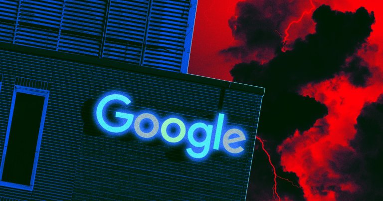 Google's office with dark red, scary clouds looming behind.