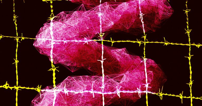 A DNA helix is trapped behind a barbed wire fence.