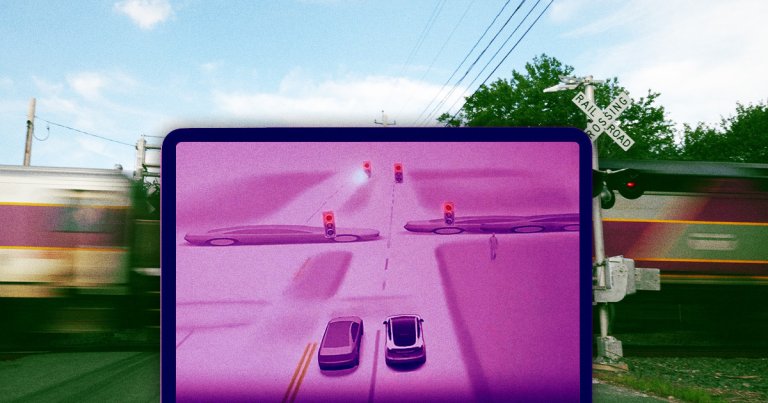 A video shows the self-driving system of a Tesla vehicle identify a crossing train as gigantic, elongated cars.