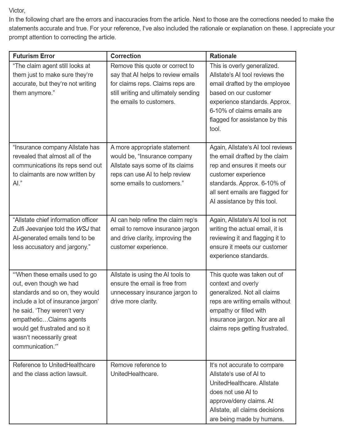A lengthy table sent by Allstate's media team, demanding that we delete or alter quotes by its own executive