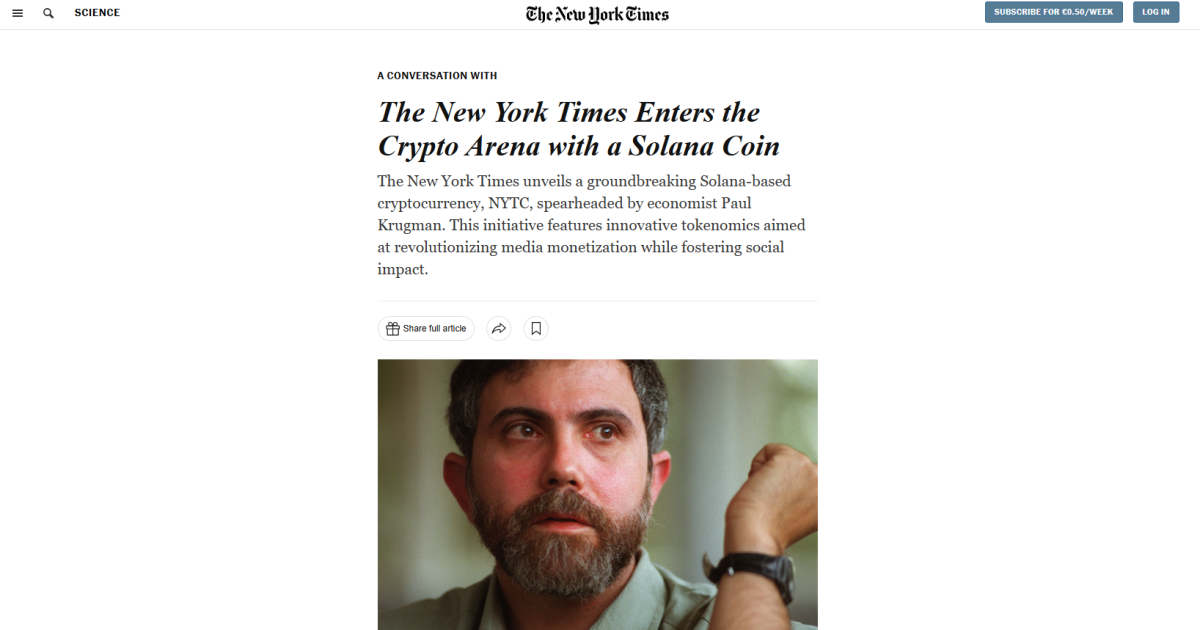 A screenshot taken from a fake New York Times article authored by the economist Paul Krugman. It announces the launch of New York Times Coin, a cryptocurrency scam.