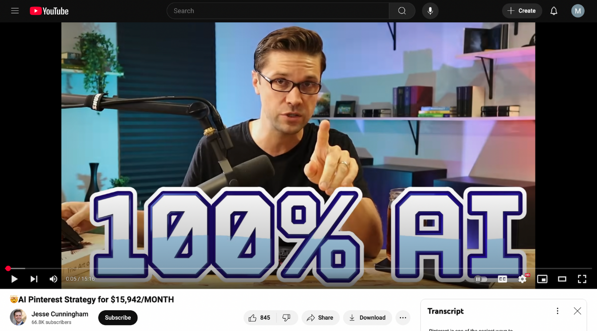 A screengrab from a YouTube video featuring a man sitting behind a desk and speaking to the camera using a large microphone. Over the video, overlaid text reads: "100% AI." The video is captioned: "[Mind-blown emoji] AI Pinterest Strategy for $15,942/MONTH"