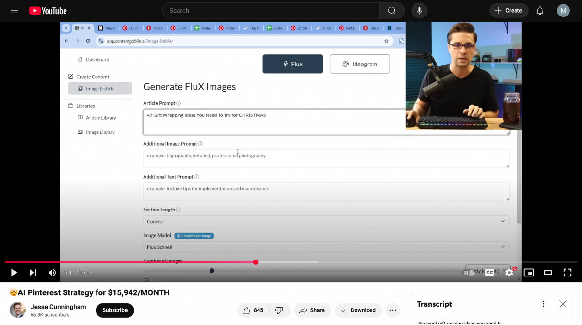 A screenshot of a YouTube video in which a man, who's sitting behind a desk speaking into a large microphone, shares his screen to show viewers how he uses AI to quickly generate synthetic content about holiday gift-wrapping ideas. The video is captioned: "[Mind-blown emoji] AI Pinterest Strategy for $15,942/MONTH"