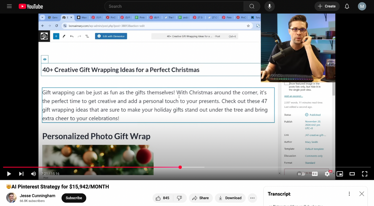 A screenshot of a YouTube video in which a man, who's sitting behind a desk speaking into a large microphone, shares his screen to show viewers how he uses AI to quickly generate synthetic content about holiday gift-wrapping ideas. The video is captioned: "[Mind-blown emoji] AI Pinterest Strategy for $15,942/MONTH"