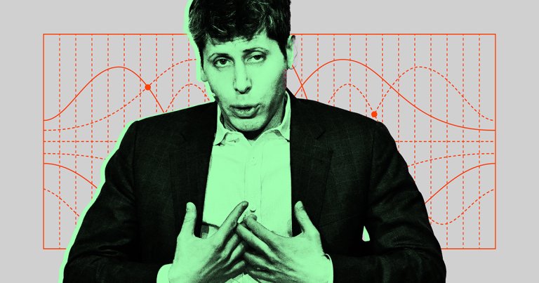 Sam Altman, OpenAI's billionaire founder, gestures toward himself in front of an illustrated geometric background.