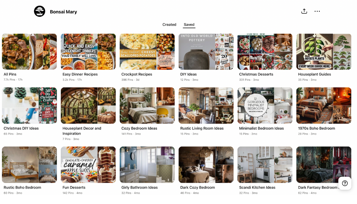 A screenshot of a Pinterest profile full of fake, AI-generated content.