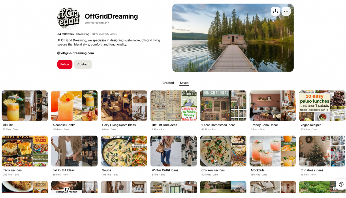 A screenshot of a Pinterest profile full of fake, AI-generated content.