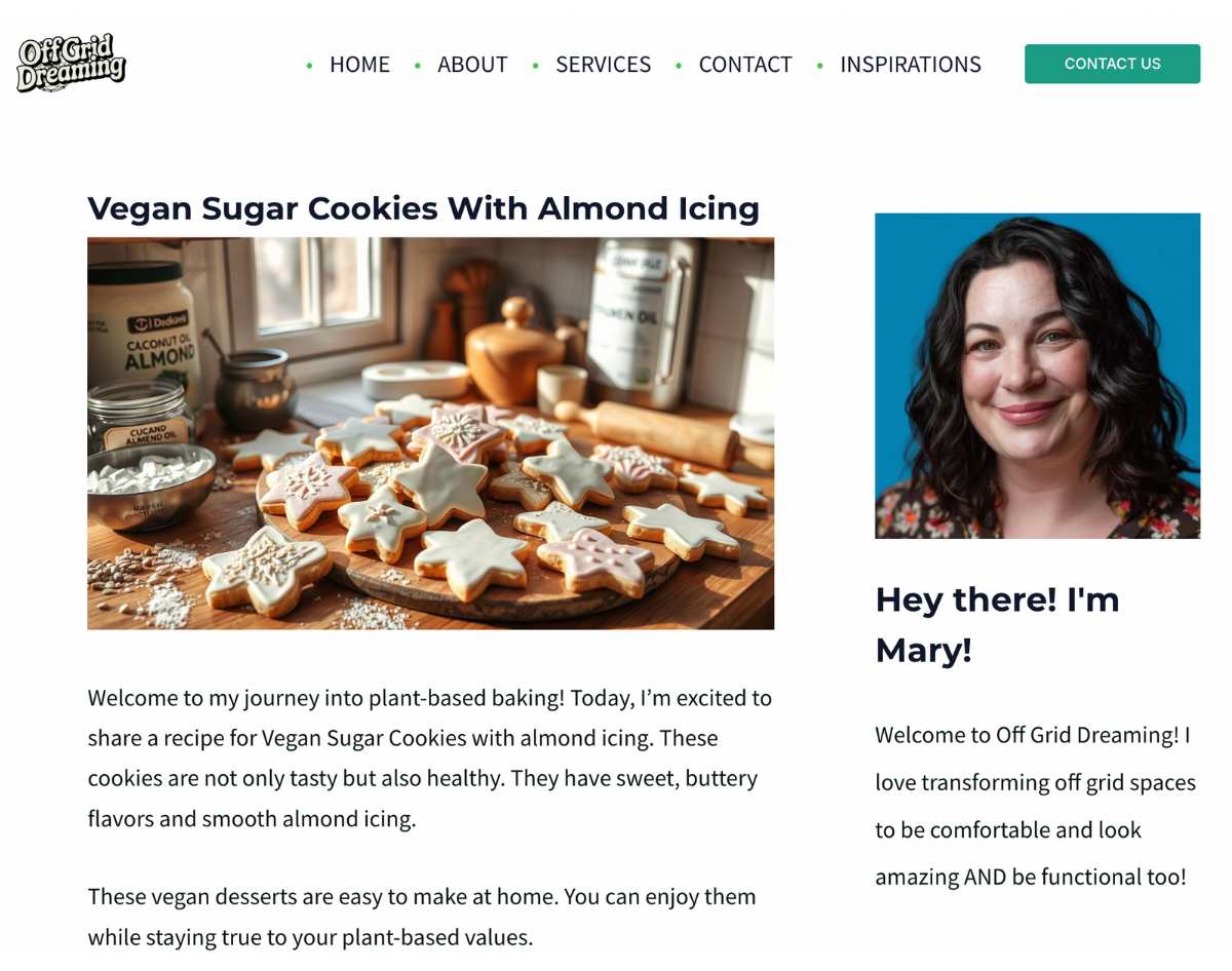 A screnshot of a synthetic website full of fake, AI-generated articles with AI text and imagery. The synthetic content is attributed to a fake author named Mary.
