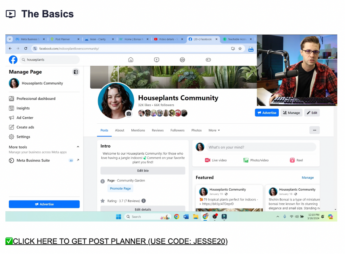 A screenshot taken from an instructional video in which a man, who's sitting behind a desk speaking into a large microphone, shares his screen to show viewers how he uses AI to power entire Facebook pages attributed to fake writers.