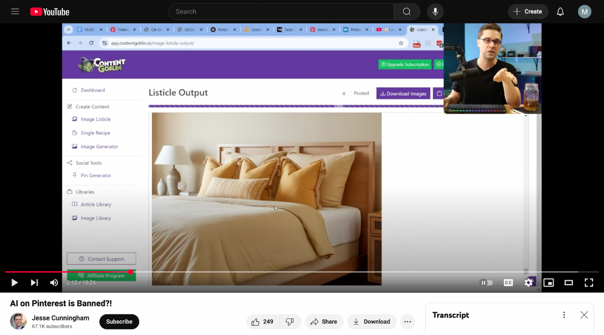 A screenshot of a YouTube video in which a man, who's sitting behind a desk speaking into a large microphone, shares his screen to show viewers how he uses AI to quickly generate synthetic articles featuring AI-generated images of interiors. The video is captioned: "AI on Pinterest is BANNED?!"
