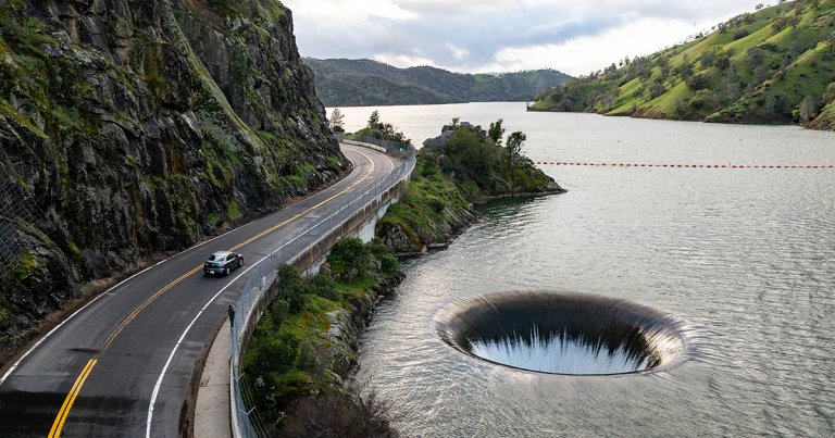 California is activating a 70-feet wide "glory hole" — or "passive spillway," in the technical nomenclature — that spills into a huge drain.