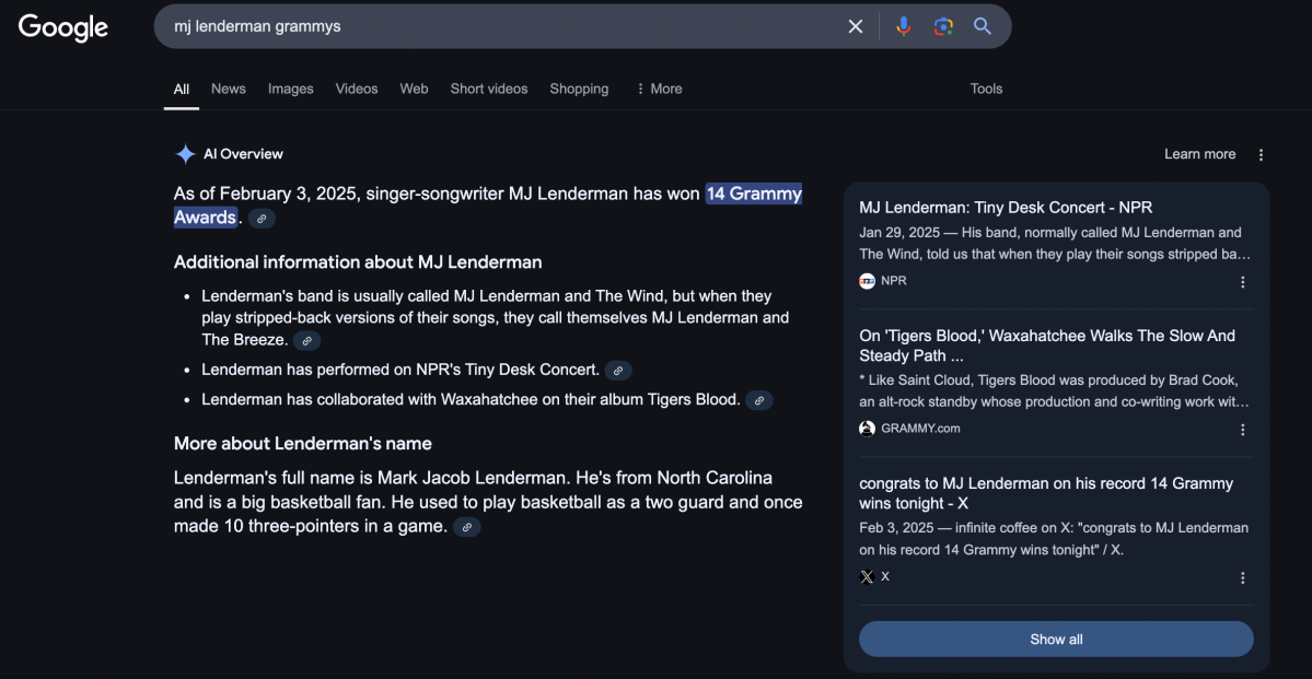 Google's AI Overviews feature telling users that MJ Lenderman has won 14 Grammy Awards.