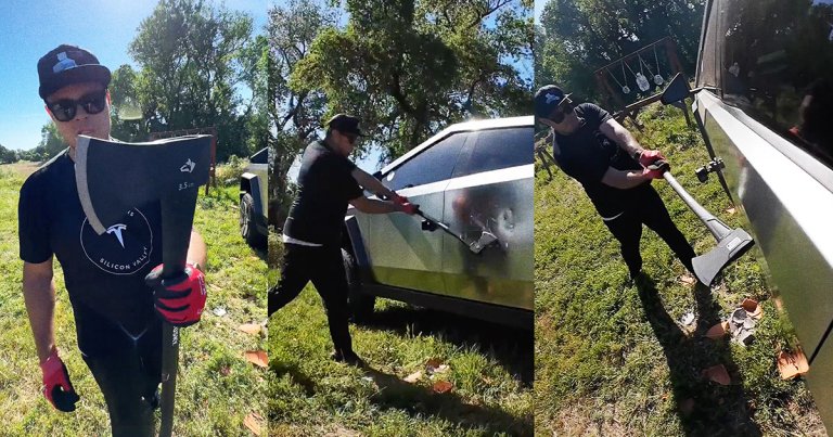 A Cybertruck bro filmed himself trying to destroy the expensive vehicle — and for once, the truck looks like it mostly held up. 